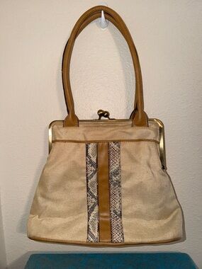 BUENO Shoulder Bag/Purse Canvas, Leather, Snake Skin Trim w/Kiss Closure